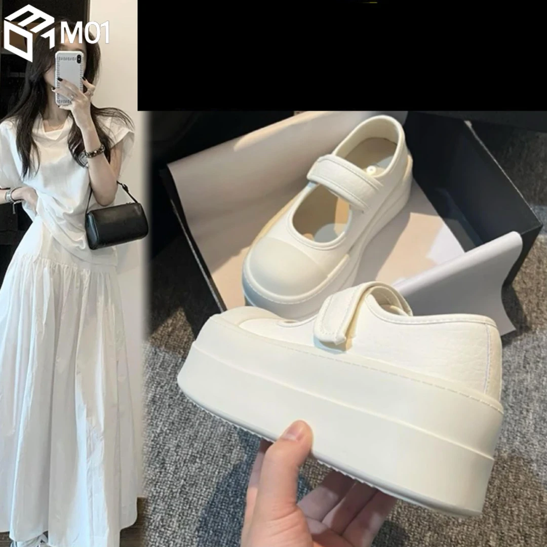 M01明星同款时尚厚底增高玛丽珍鞋女2025魔术贴百搭休闲小白鞋