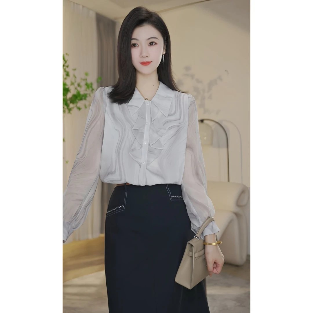 【小北甄选】流光风8593006B水墨灰时尚纯色显瘦上衣宽松气质衬衣