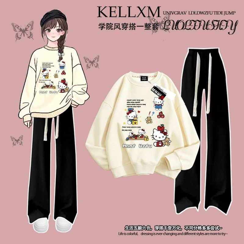 新款洋气卡通凯蒂猫印花秋冬季女童套装圆领卫衣阔腿裤中大童时髦