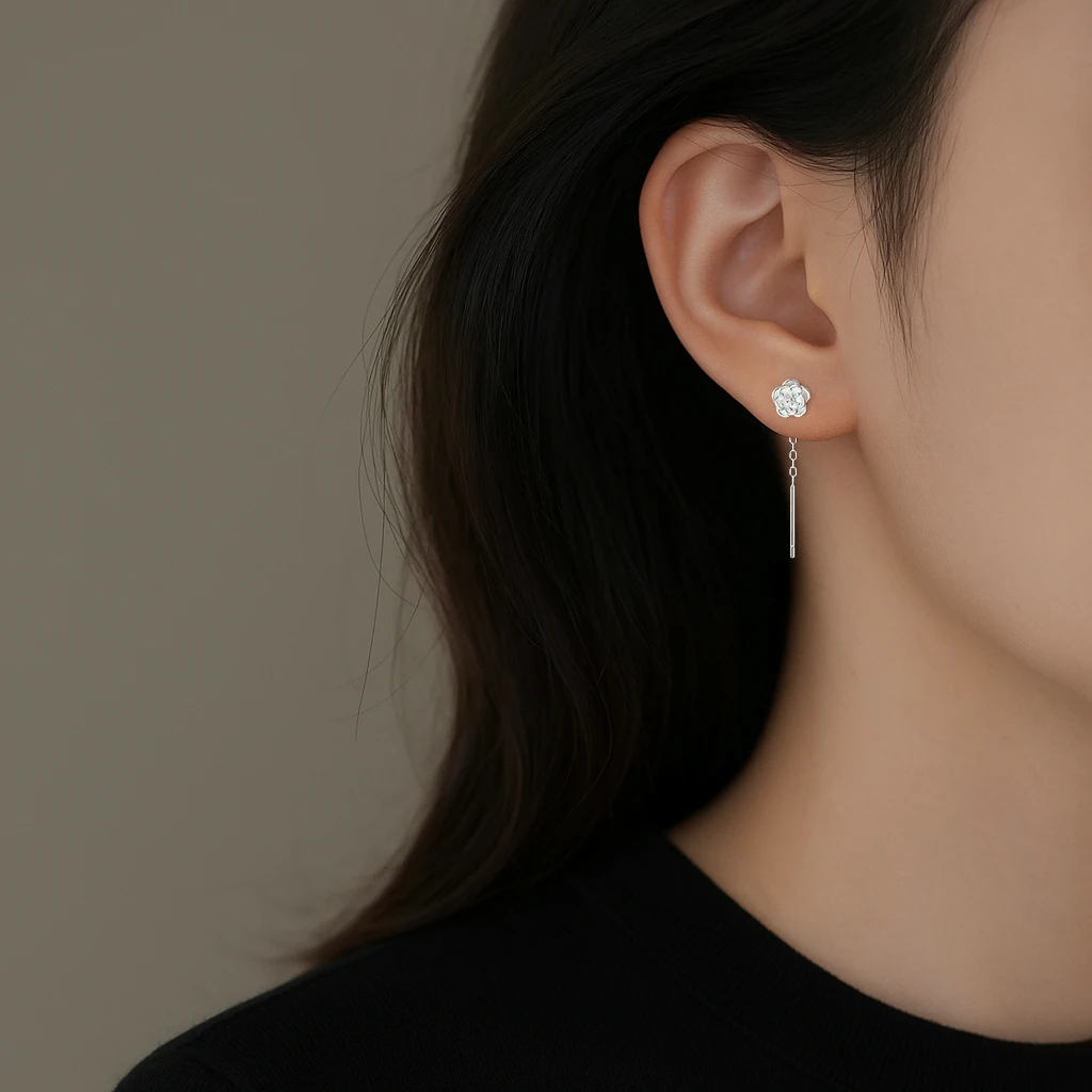 铜合金耳饰 山茶花耳线流苏耳环女养耳洞小众耳钉高级感轻奢耳环