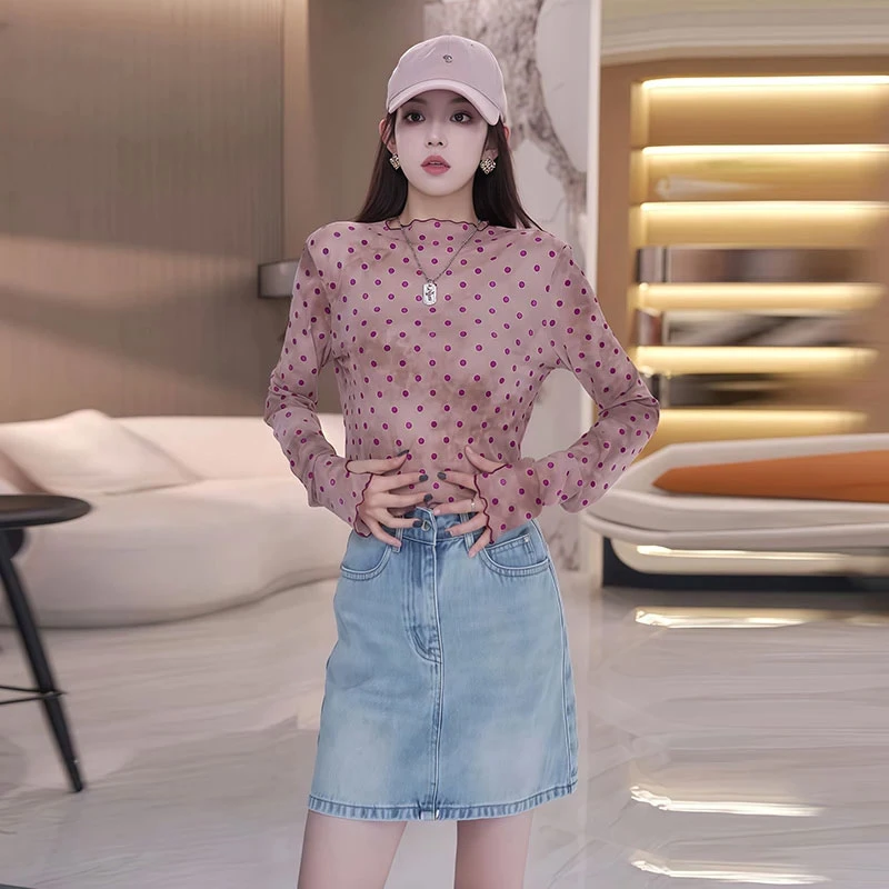 粉色木耳边波点打底衫女2025夏季新款修身显瘦内搭ins长袖T恤上衣
