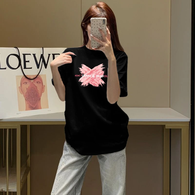 欧货大版纯棉黑色中长款短袖t恤女装大码夏季宽松半袖体桖衫上衣