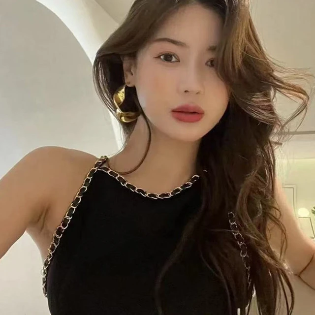 夏季纯欲辣妹黑色挂脖链条无袖背心上衣女+黑色阔腿裤两件套