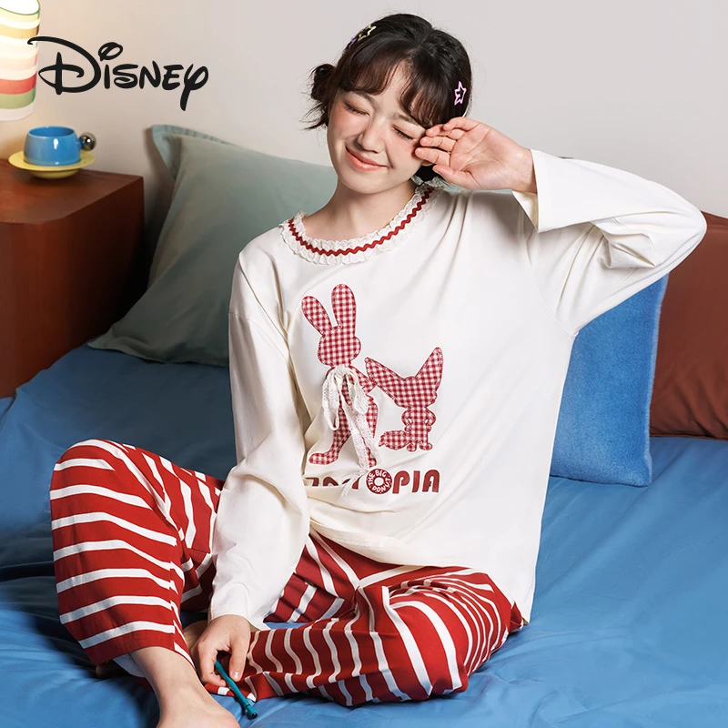 Disney/迪士尼睡衣女春秋新款蕾丝边条纹长袖卡通休闲居家服套装