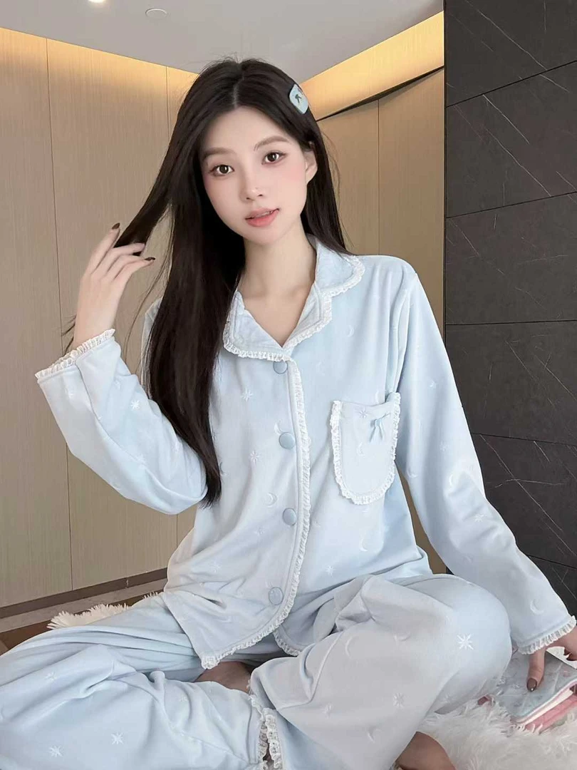 [海岛绒]秋冬新款简约开衫睡衣套装保暖加绒时尚甜美可外穿家居服