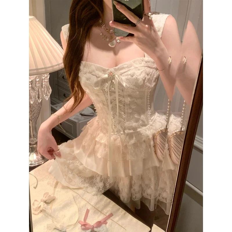 【奶酪甜心】甜美显瘦纯欲夏季复古重工蕾丝吊带半身裙套装气质白色