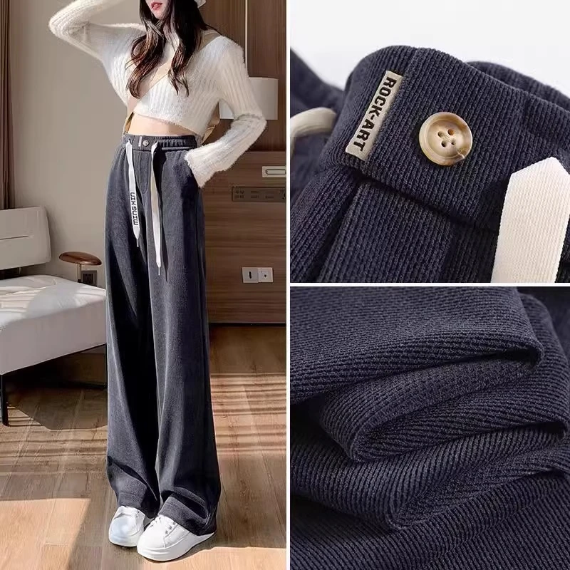 美式加绒加厚阔腿裤女秋冬2025新款高腰垂感宽松显瘦休闲直筒裤子
