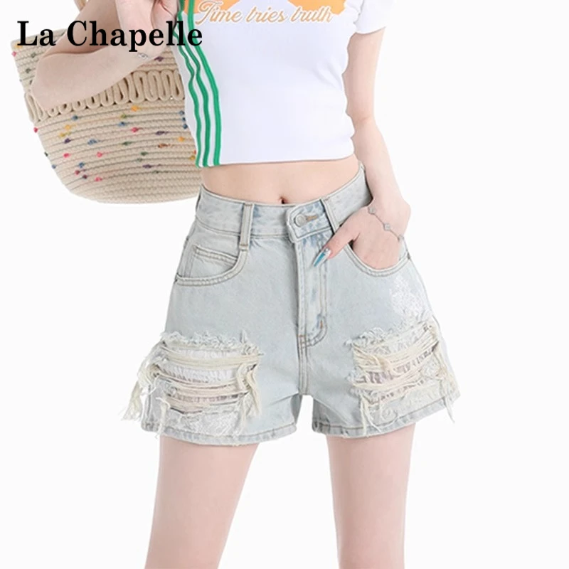 拉夏贝尔蕾丝破洞牛仔短裤女夏天外穿显瘦高腰设计感a字阔腿热裤