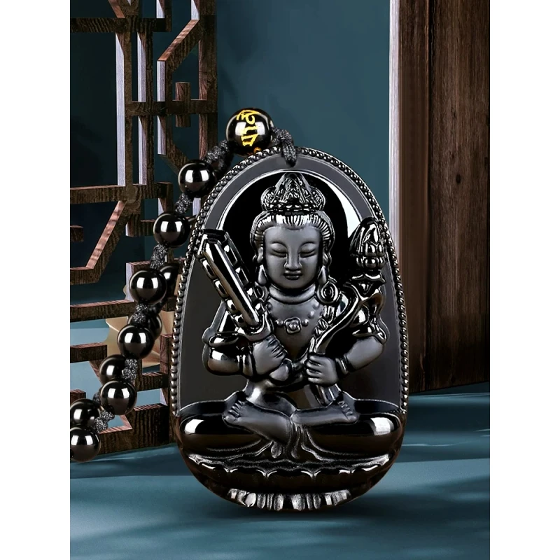 黑曜石本命佛吊坠项链男女士十二生肖守护虚空藏文殊挂件情侣项坠