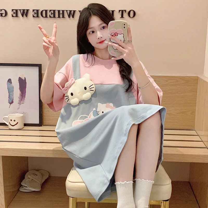 HelloKitty纯棉睡裙女款夏季甜美可爱少女中长款凯蒂猫睡衣家居服