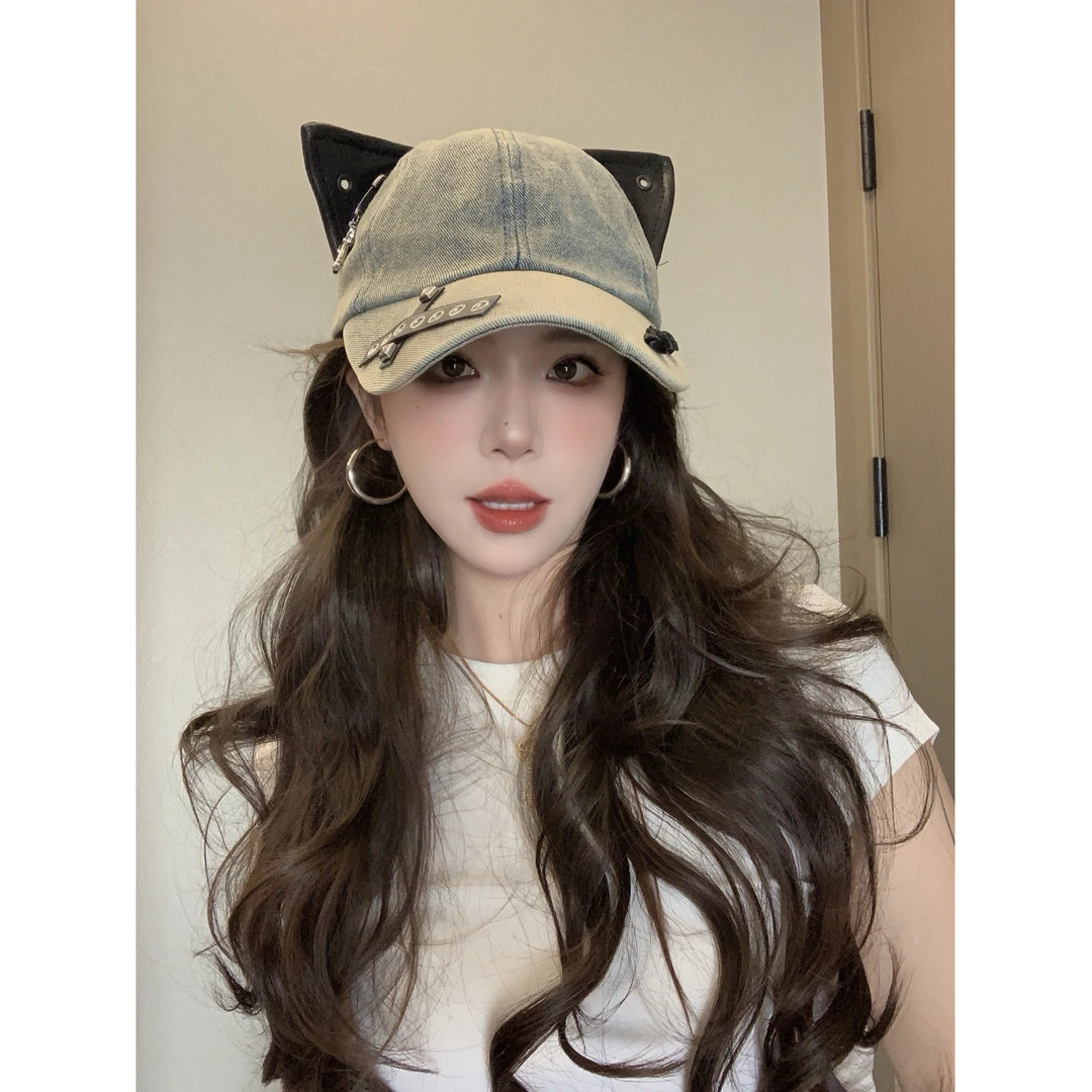 可爱卡通牛仔百搭ins风耳朵水洗棒球帽男女韩系显脸小软顶鸭舌帽