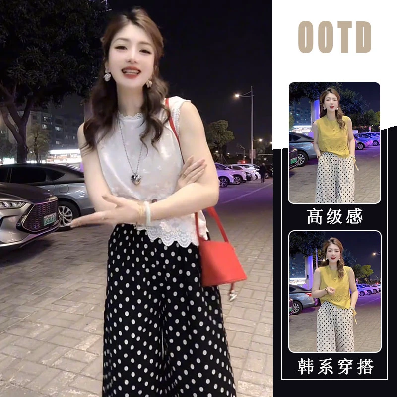 韩系镂空钩花无袖衬衫背心上衣2025夏季新款宽松波点半身裙两件套