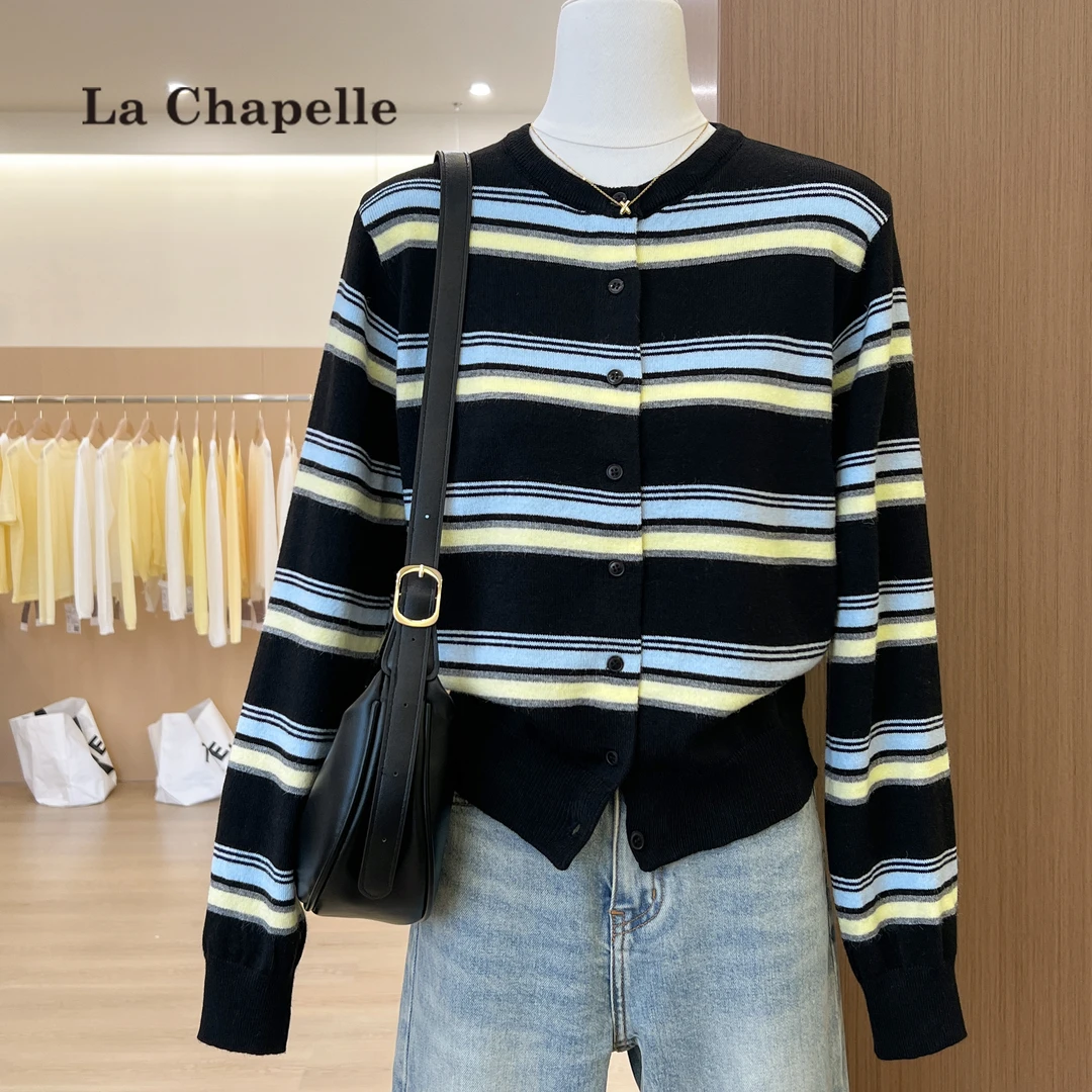 拉夏贝尔韩系撞色条纹针织开衫女2025秋冬毛衣打底衫显瘦洋气上衣