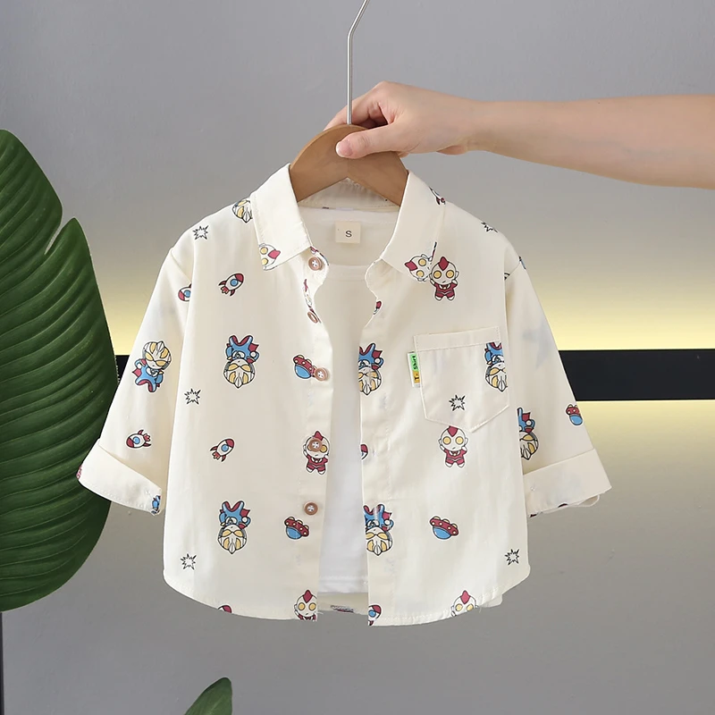 男童春秋长袖衬衫2025新款儿童洋气卡通休闲时尚上衣男孩痞帅气潮