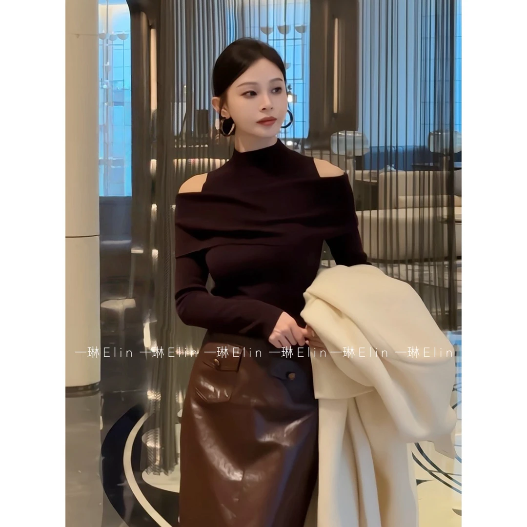 LZQ｜神秘嘉宾～简约设计感一字肩针织衫修身上衣XMZH9507