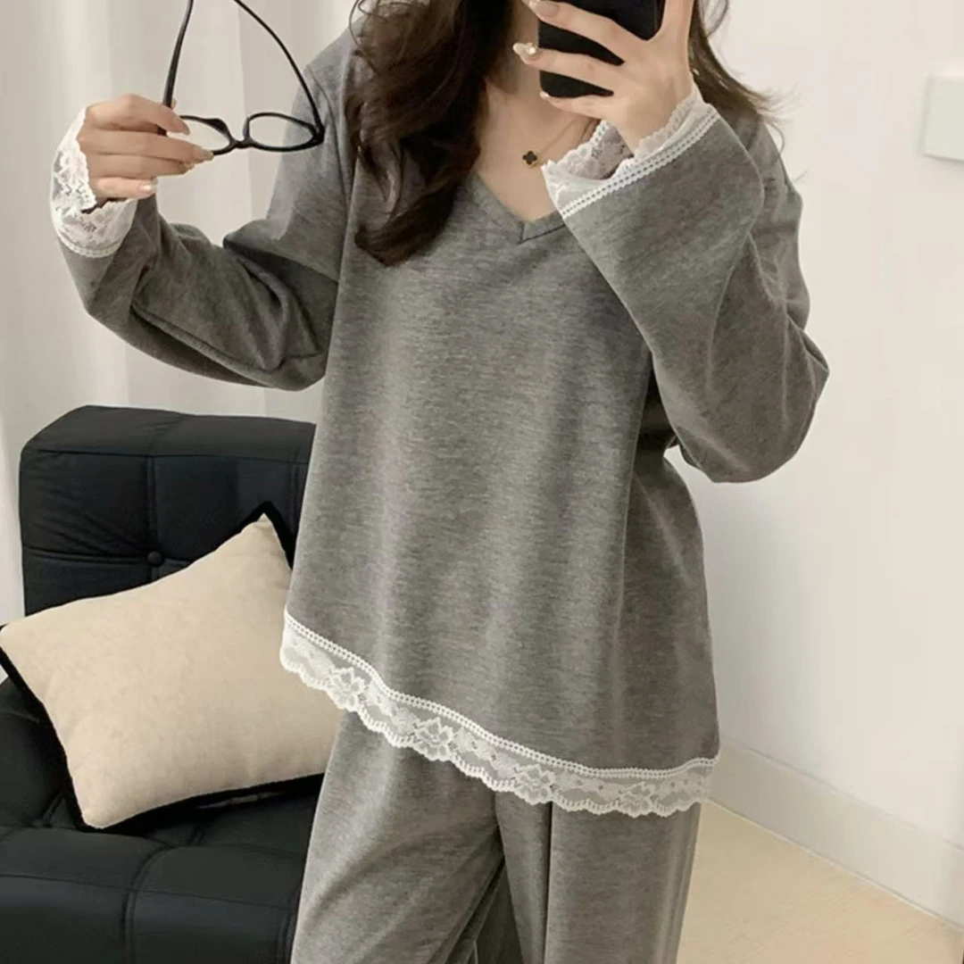 慵懒风灰色蕾丝边睡衣女秋冬季2025新款长袖薄绒简约睡衣秋款女
