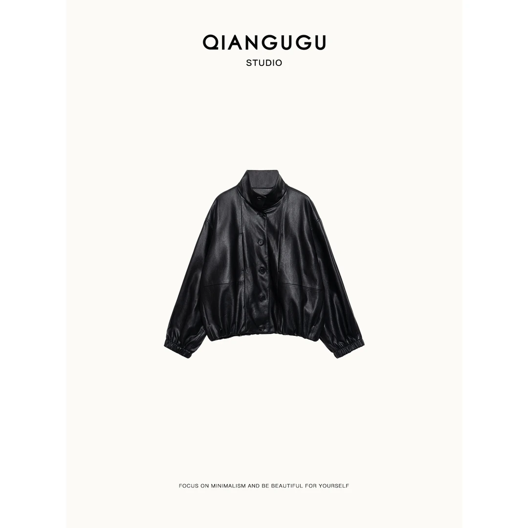 钱谷谷 复古立领廓形松紧收腰气质宽松短款皮夹克外套 Q24031225