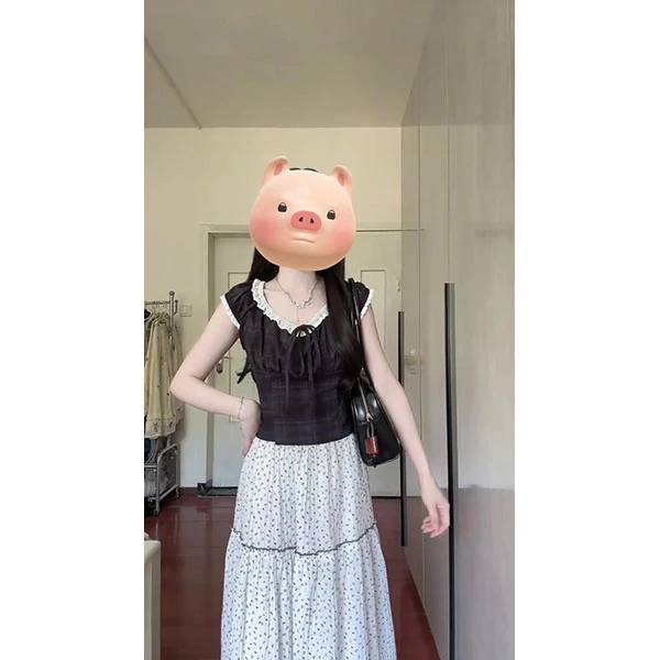 2025夏季格子无袖短款衬衫女修身显瘦休闲短袖上衣+半身裙套装