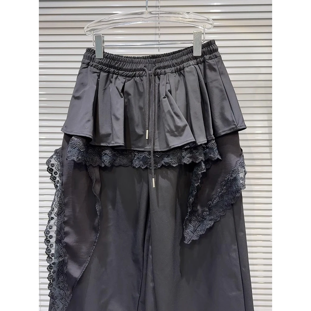 美式叠穿裙摆设计屁帘阔腿裤女2025夏季新款小众拼接蕾丝跳舞长裤