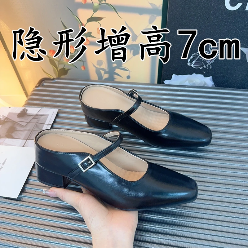 法式小高跟包头半拖鞋女夏天外穿银色配裙子玛丽珍凉拖内增高女鞋