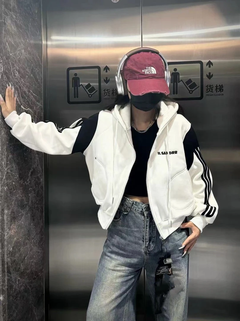 【微风午后】复古杠条连帽卫衣外套加绒宽松拉链时尚03095