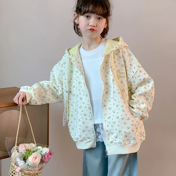 女童秋装田园风碎花拉链外套2025新款中大童韩版洋气女孩开衫卫衣