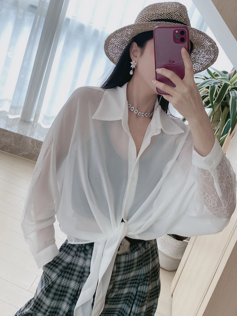 防晒蕾丝袖系带透纱衬衫3899