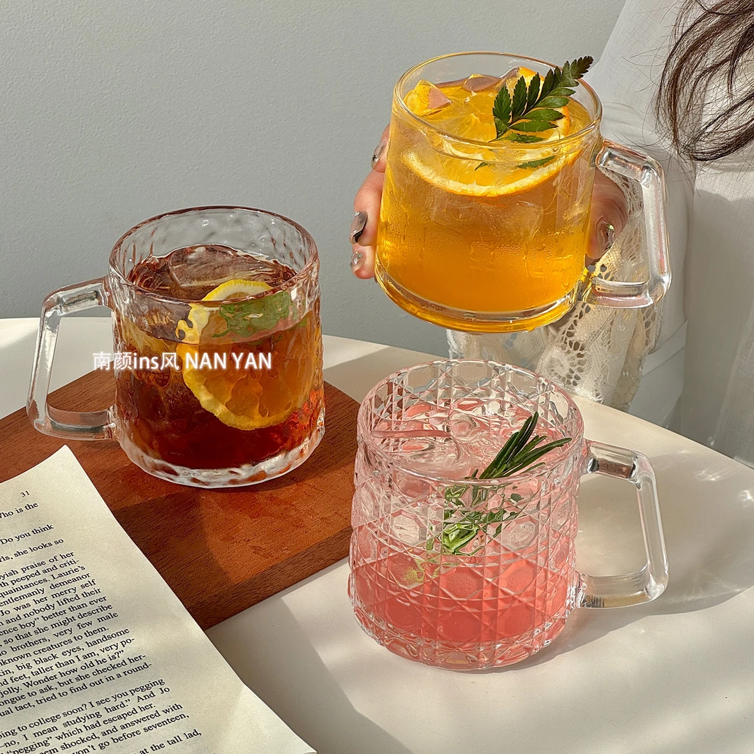 刻花带把玻璃杯家用创意高颜值女生透明喝水饮料冰咖啡杯马克杯子