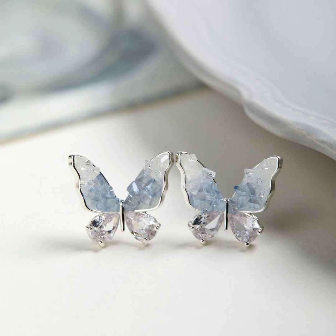 铜合金仿水晶耳饰 蓝色蝴蝶耳钉甜美仿水晶耳环仙气森系耳夹耳饰