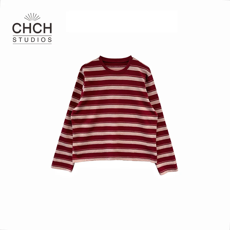 RAQTX12418复古时尚条纹拼色撞色圆领百搭长袖T恤打底衫