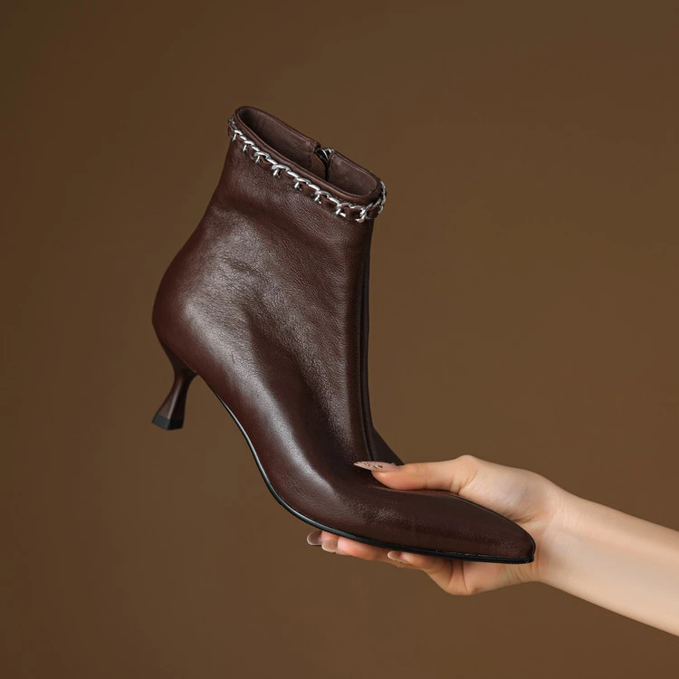 6cm时尚尖头细跟短筒瘦瘦靴女百搭纯色韩版风侧拉链羊皮时装靴