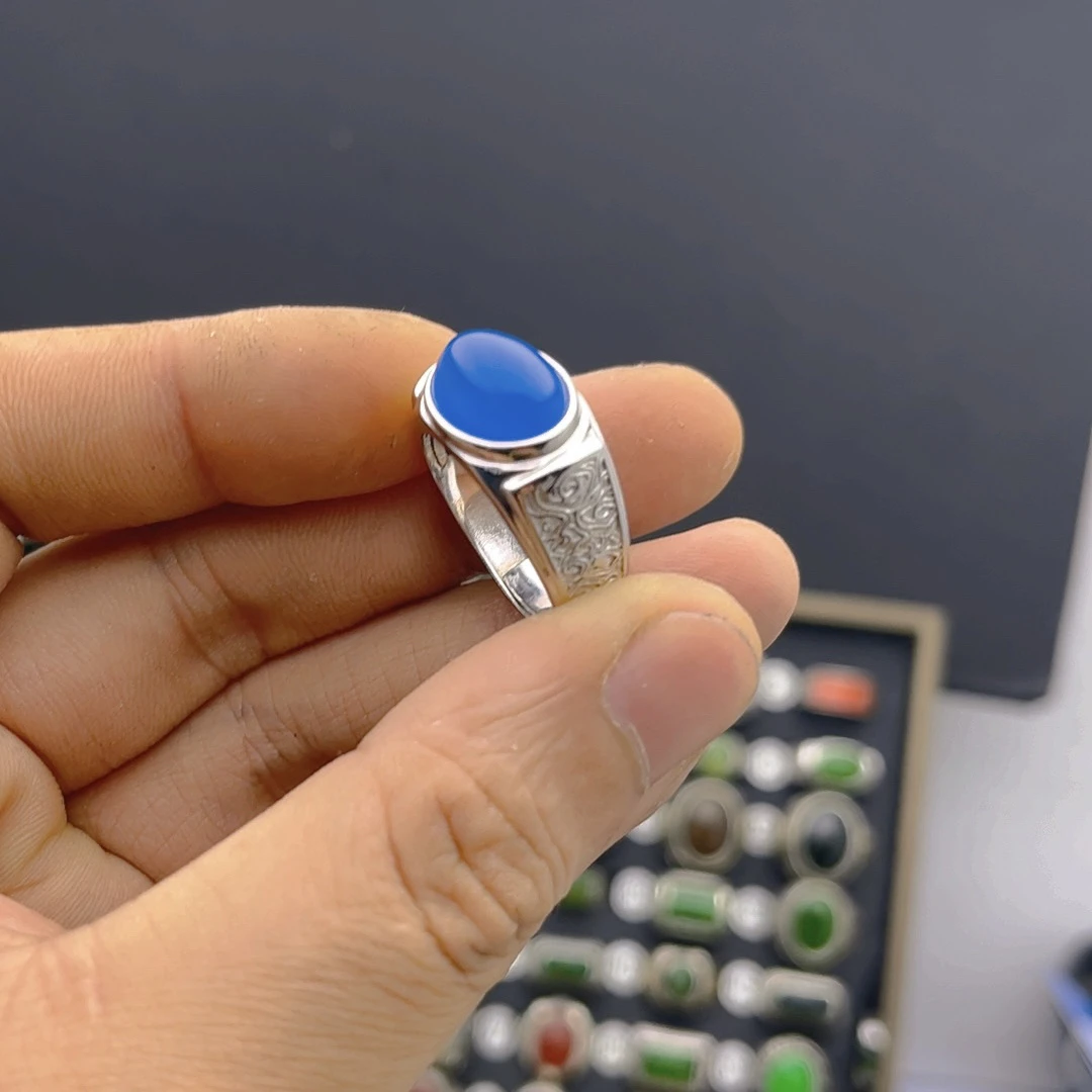 S925银磨砂戒指满绿玉石马鞍戒简约大气