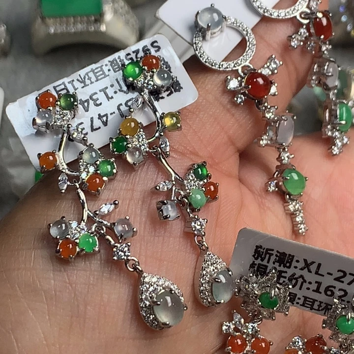 足银镶嵌翡翠耳饰天然翡翠耳环