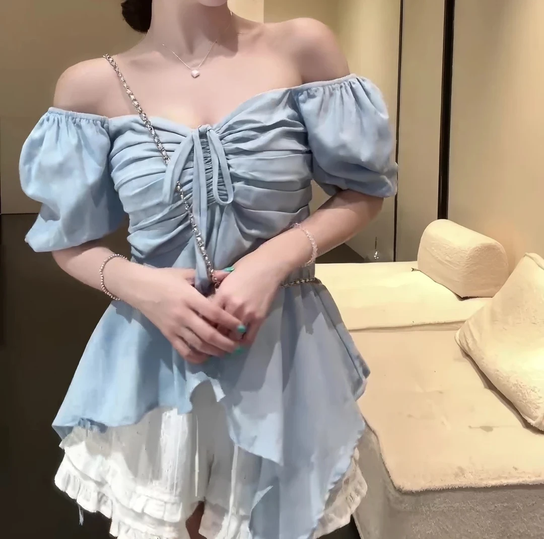 大码女装20957法式方领系带泡泡袖衬衫设计感不规则收腰显瘦上衣