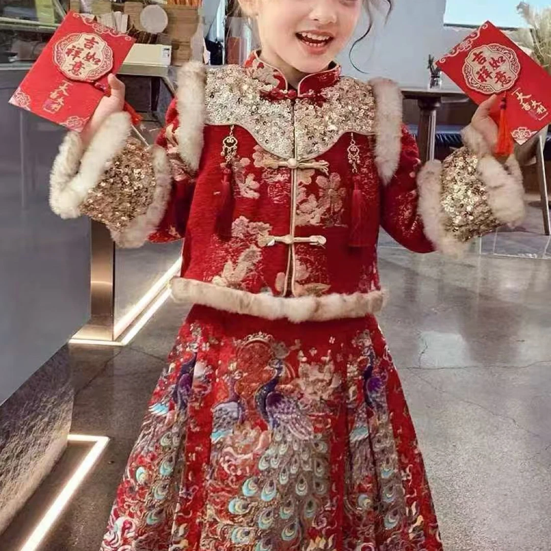 中国风民族红色套装女童上衣＋马面裙冬款