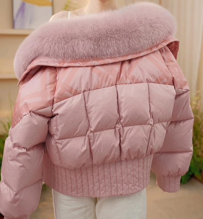 【MM】气质时尚百搭保暖洋气粉色大毛领女士羽绒服