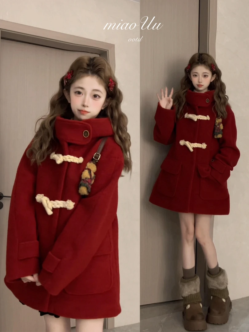 圣诞新年穿搭法式复古牛角扣毛呢外套女2025秋冬新款连帽红色大衣