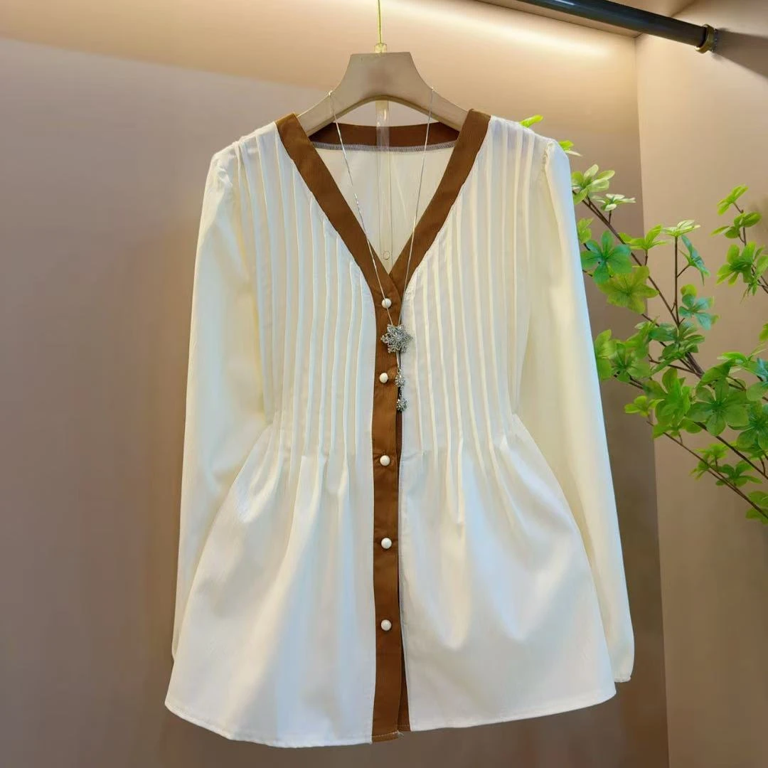 洋气新款时尚V领拼接百搭简约减龄气质上衣（长65左右）