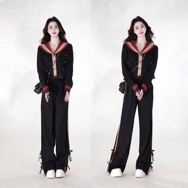 小香风套装2025年春秋季新款网红气质时尚海军蓝上衣休闲裤两件套