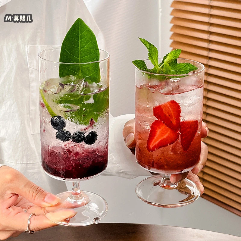 ins风网红咖啡厅冰淇淋杯高脚杯条纹玻璃杯奶茶杯果汁杯饮料杯子