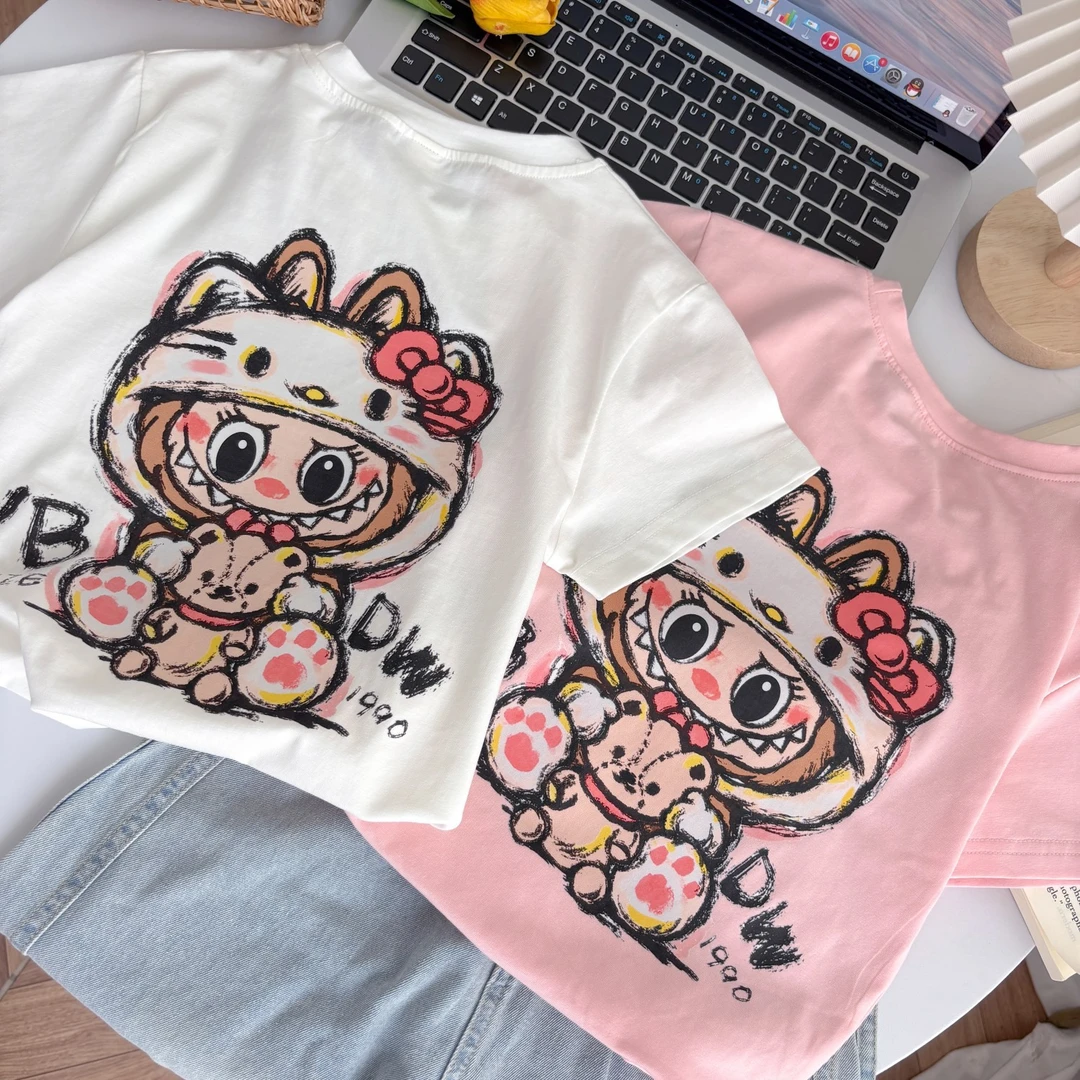 女孩短袖儿童童装短袖T恤小女孩潮范前后双印花上衣女童时尚圆领