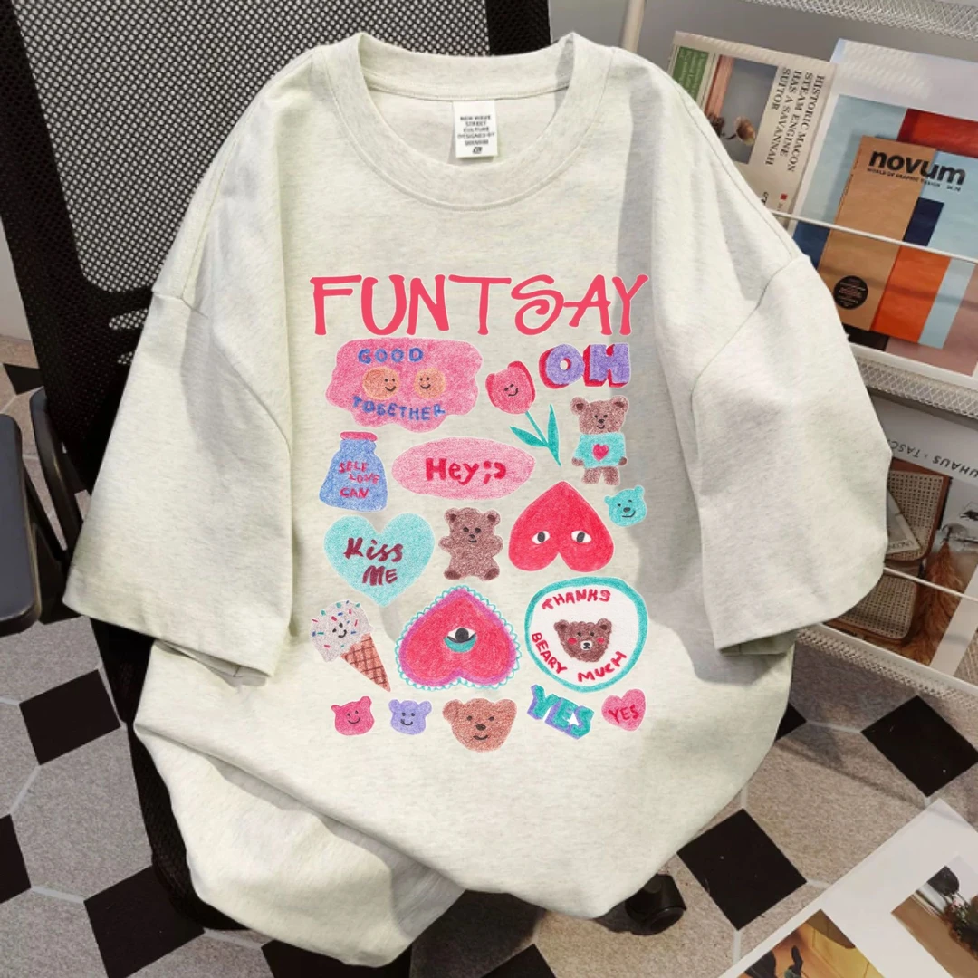 vintage美式纯棉t恤女短袖上衣服小众设计感印花夏季宽松半袖tee