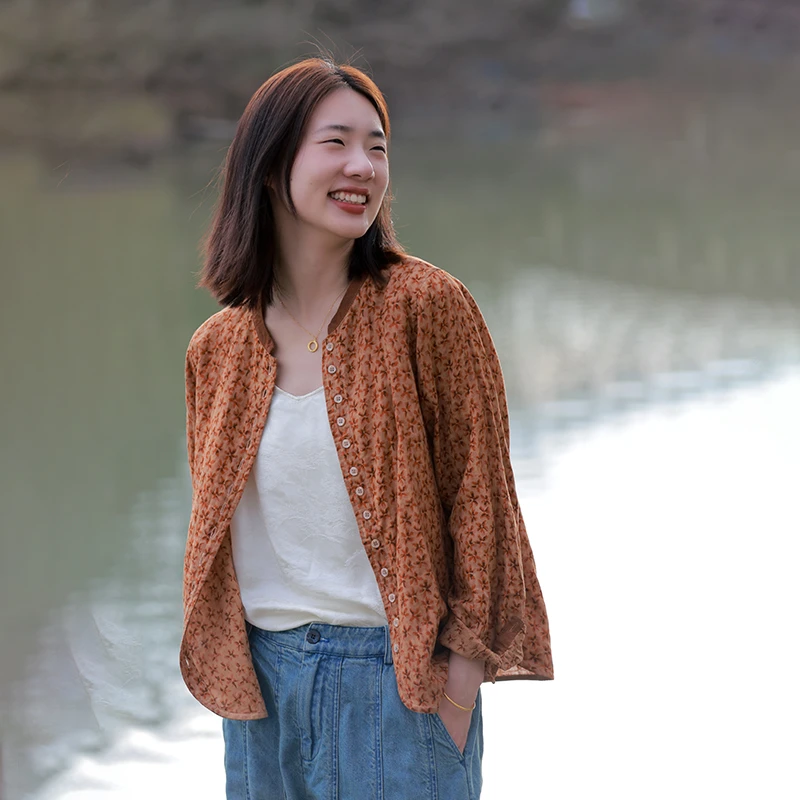 慢慢变蓝原创设计春夏女士纯棉雏菊印花衬衫宽松复古文艺休闲衬衣