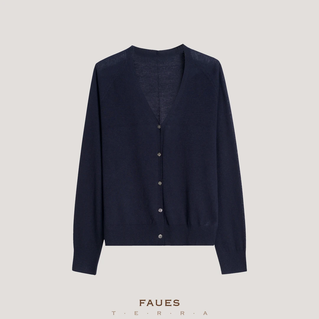 FAUES 素吟 定织亚麻120支轻薄文艺简约百搭纯色气质V领针织开衫