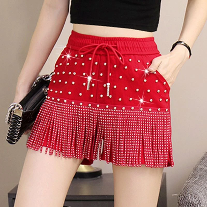 流苏铆钉短裤女松紧腰新款韩版时尚高腰洋气美式辣妹舞蹈裙裤外穿
