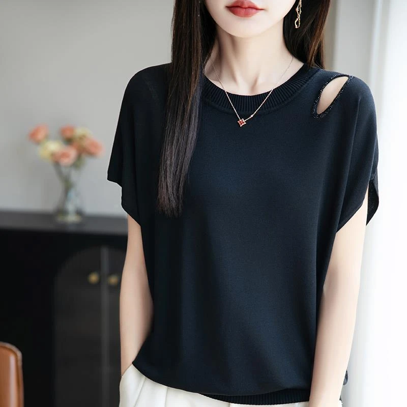 杜拉妮设计感冰丝针织短袖T恤女2025夏季薄款破洞镂空小飞袖上衣