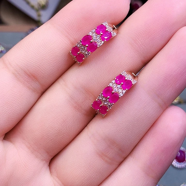 耳饰银S925镶嵌红宝石