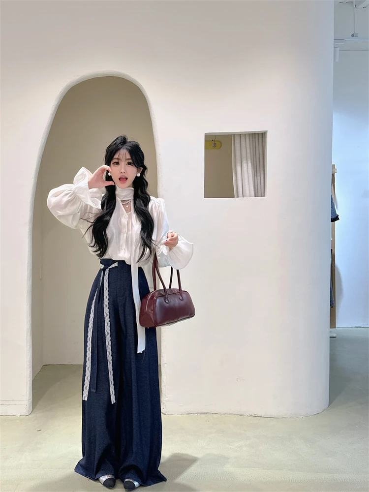 法式蕾丝花边V领上衣套装女一整套ootd穿搭春季新款裤子两件套潮