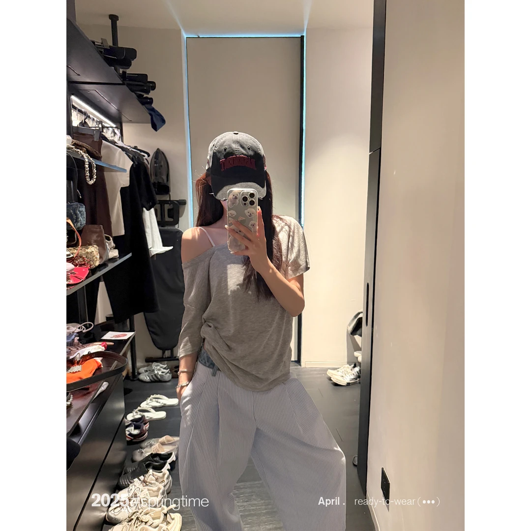 SUNONEONE 天丝宽松大版斜领T恤女夏季薄款百搭短袖上衣H1032T