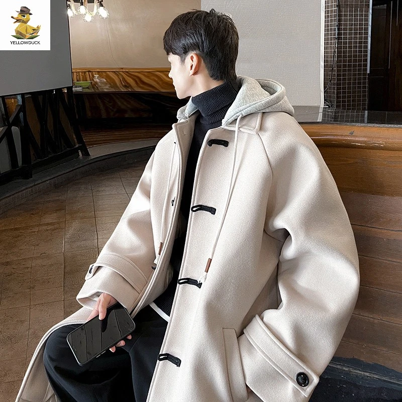秋冬牛角扣连帽毛呢大衣男生学院风加厚中长款宽松呢子青少年外套